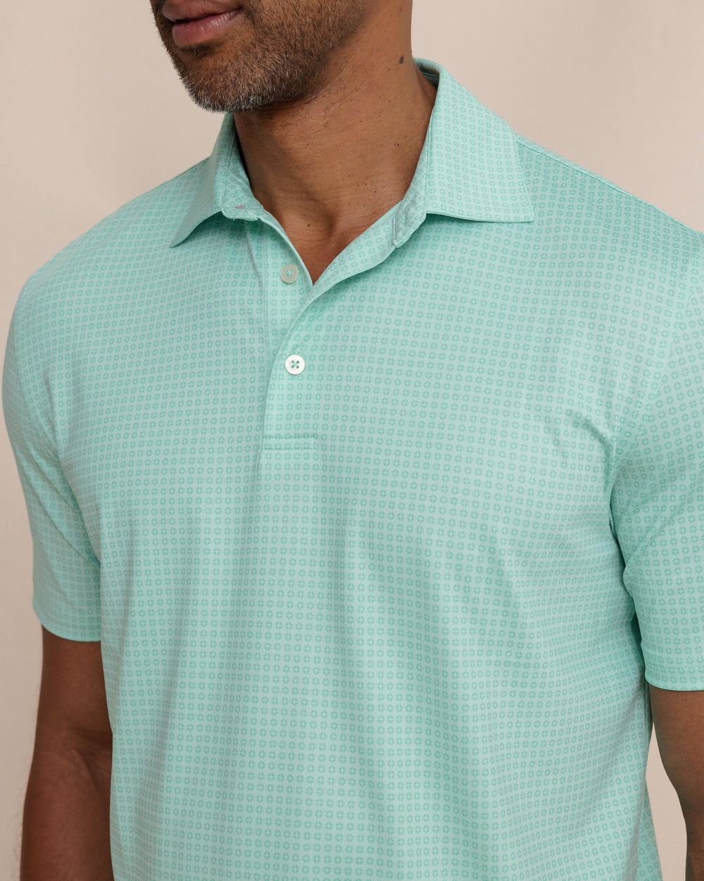 The detail view of the Southern Tide Driver Spring Geo Printed Polo by Southern Tide - Garden Grove