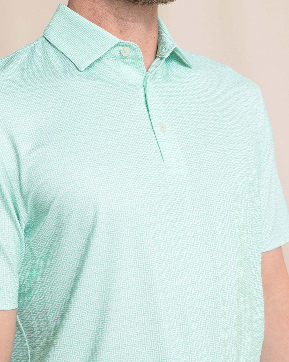 The front detail view of the Southern Tide Driver ST Geo Polo by Southern Tide - Jade Green