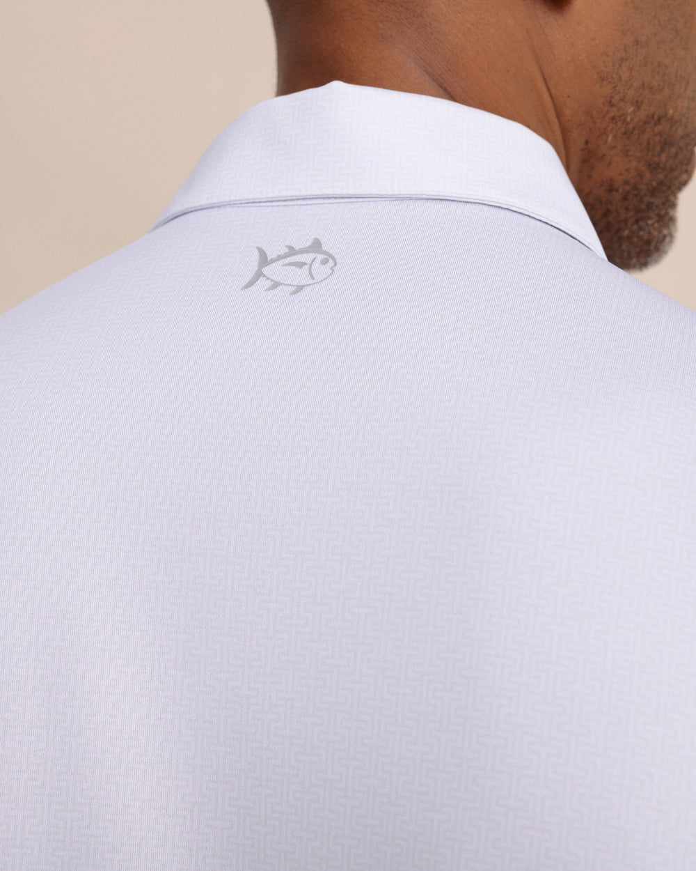 The detail view of the Southern Tide Driver ST Geo Printed Polo by Southern Tide - Classic White
