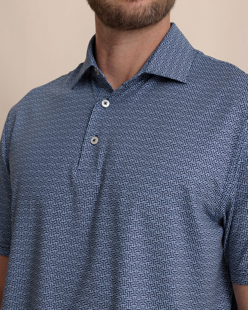 The detail view of the Southern Tide Driver ST Geo Printed Polo by Southern Tide - Dress Blue
