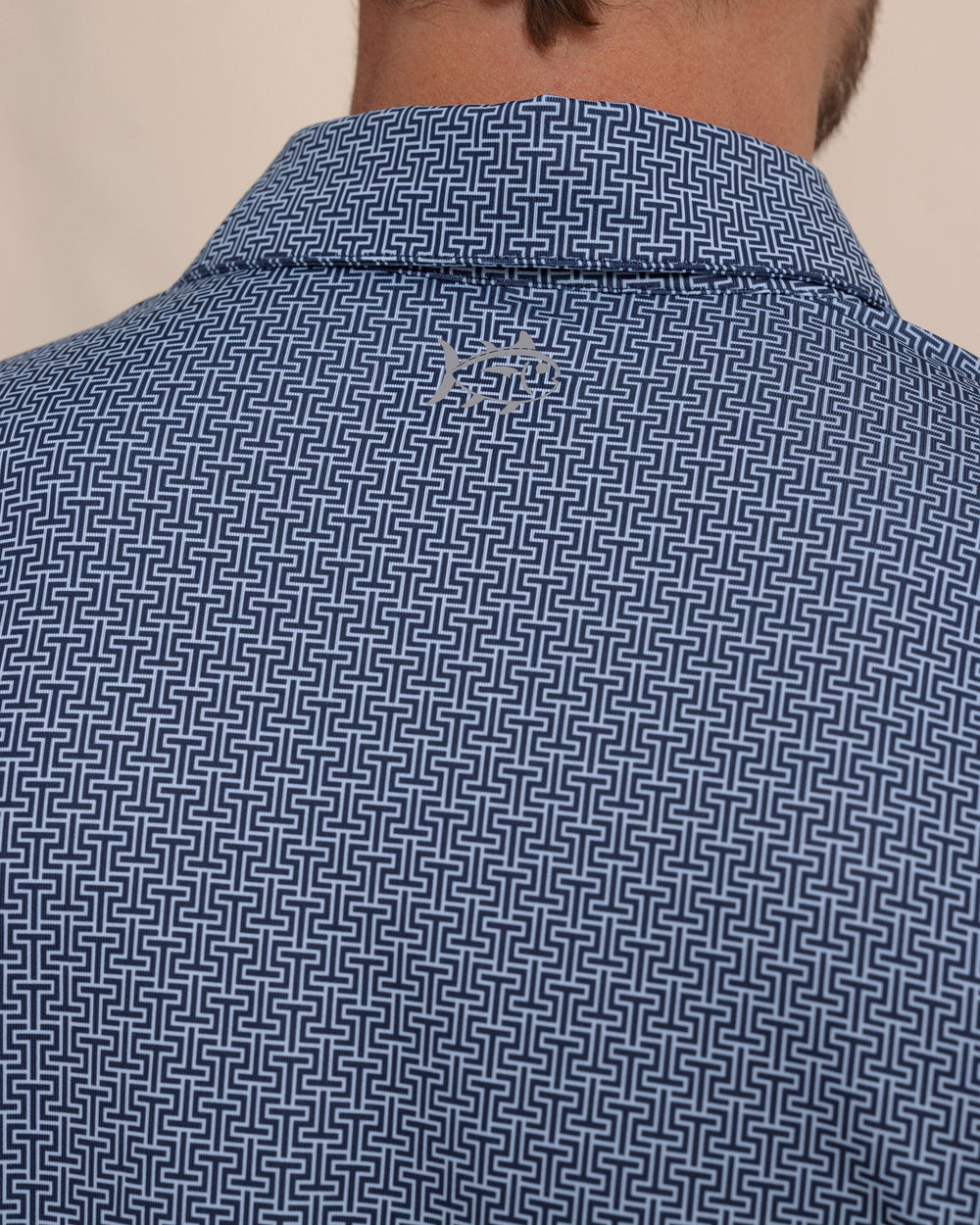 The detail view of the Southern Tide Driver ST Geo Printed Polo by Southern Tide - Dress Blue