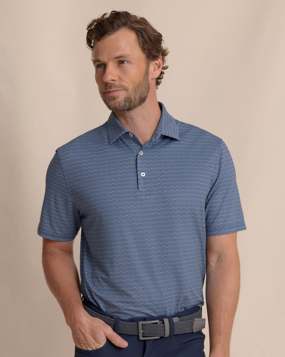 The front view of the Southern Tide Driver ST Geo Printed Polo by Southern Tide - Dress Blue