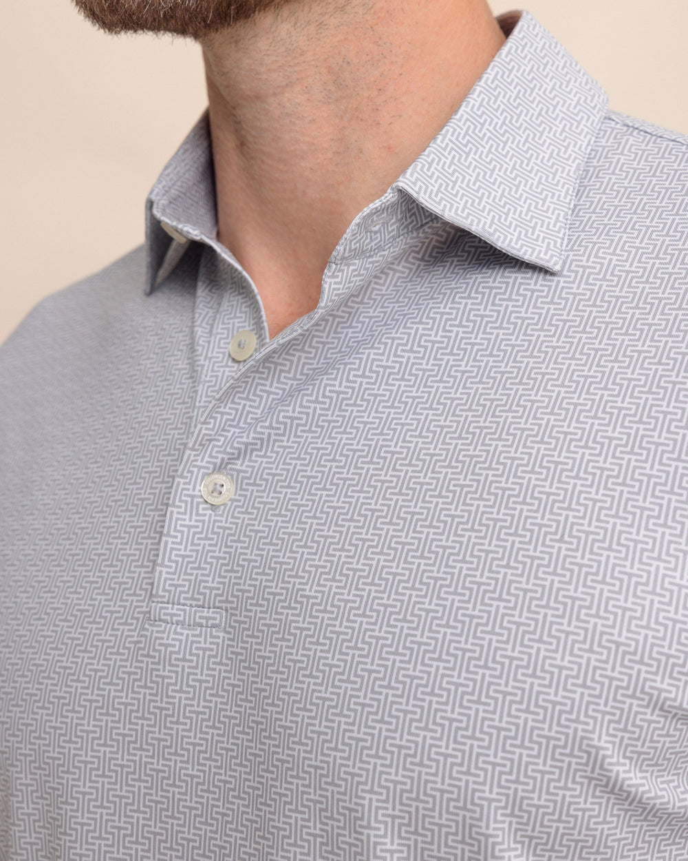 The detail view of the Southern Tide Driver ST Geo Printed Polo by Southern Tide - Steel