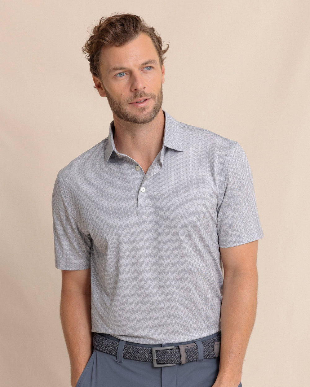 The front view of the Southern Tide Driver ST Geo Printed Polo by Southern Tide - Steel