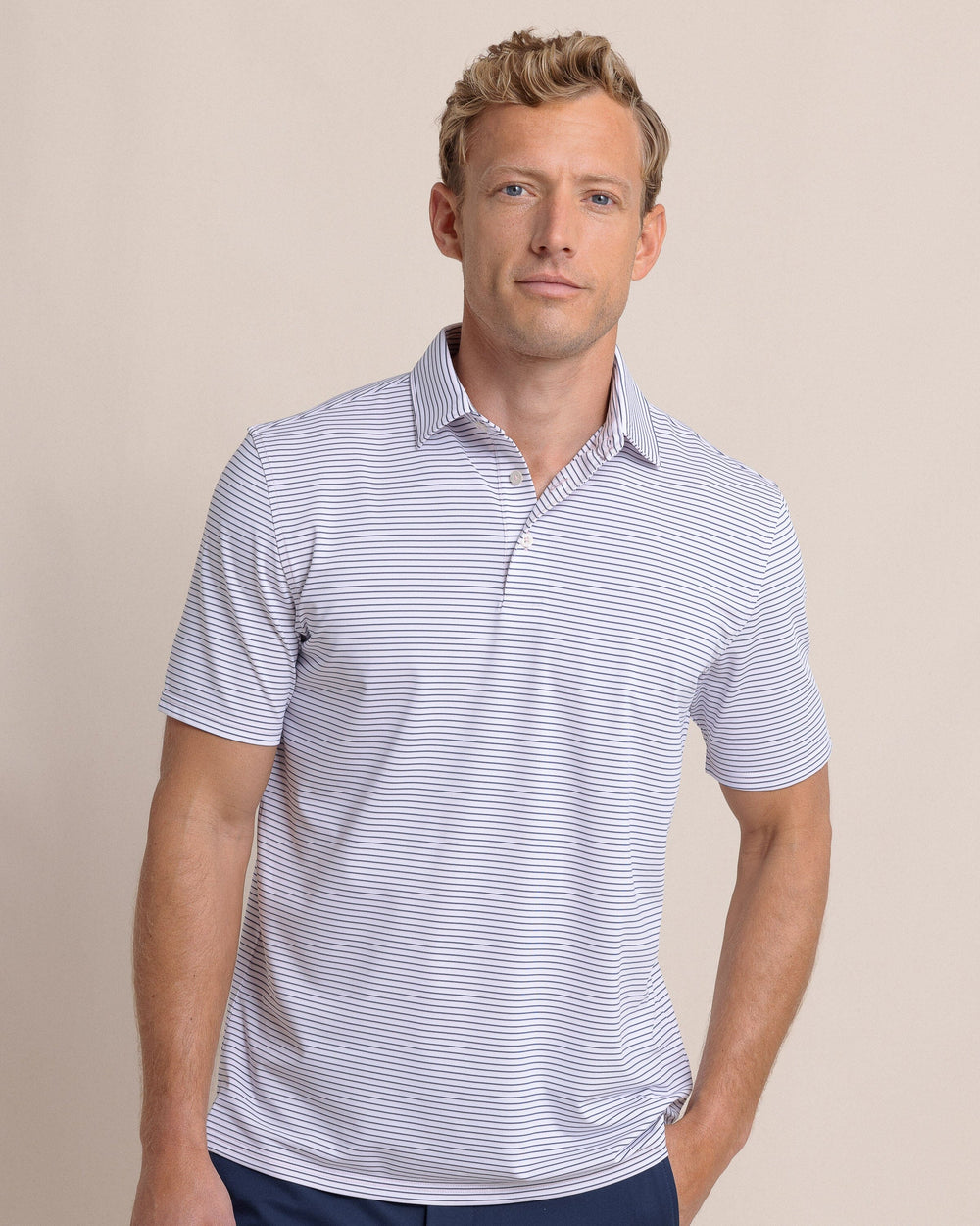 The front view of the Southern Tide Driver Sunbury Stripe Polo by Southern Tide - Classic White