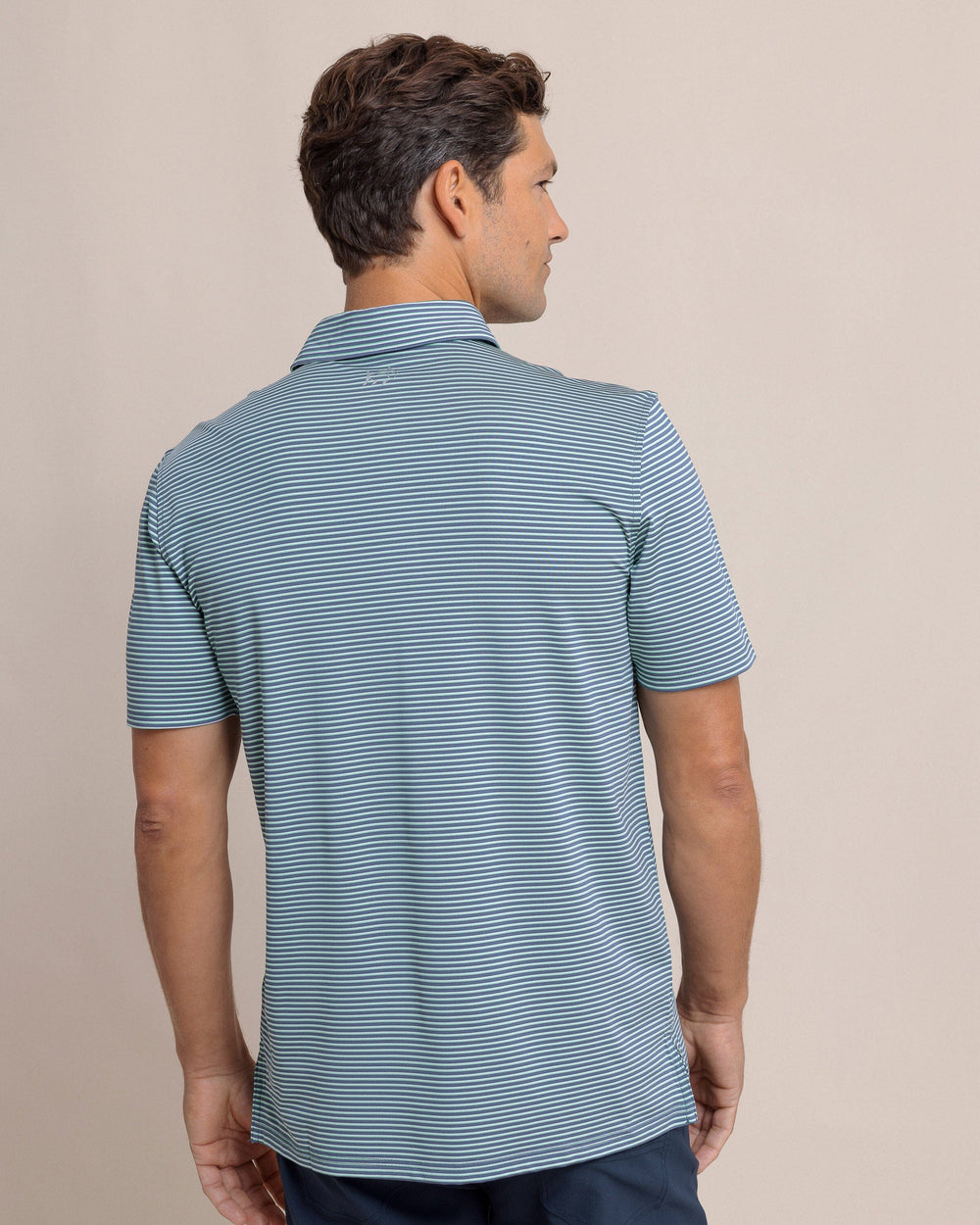 The back view of the Southern Tide Driver Sunbury Stripe Polo by Southern Tide - Light Indigo