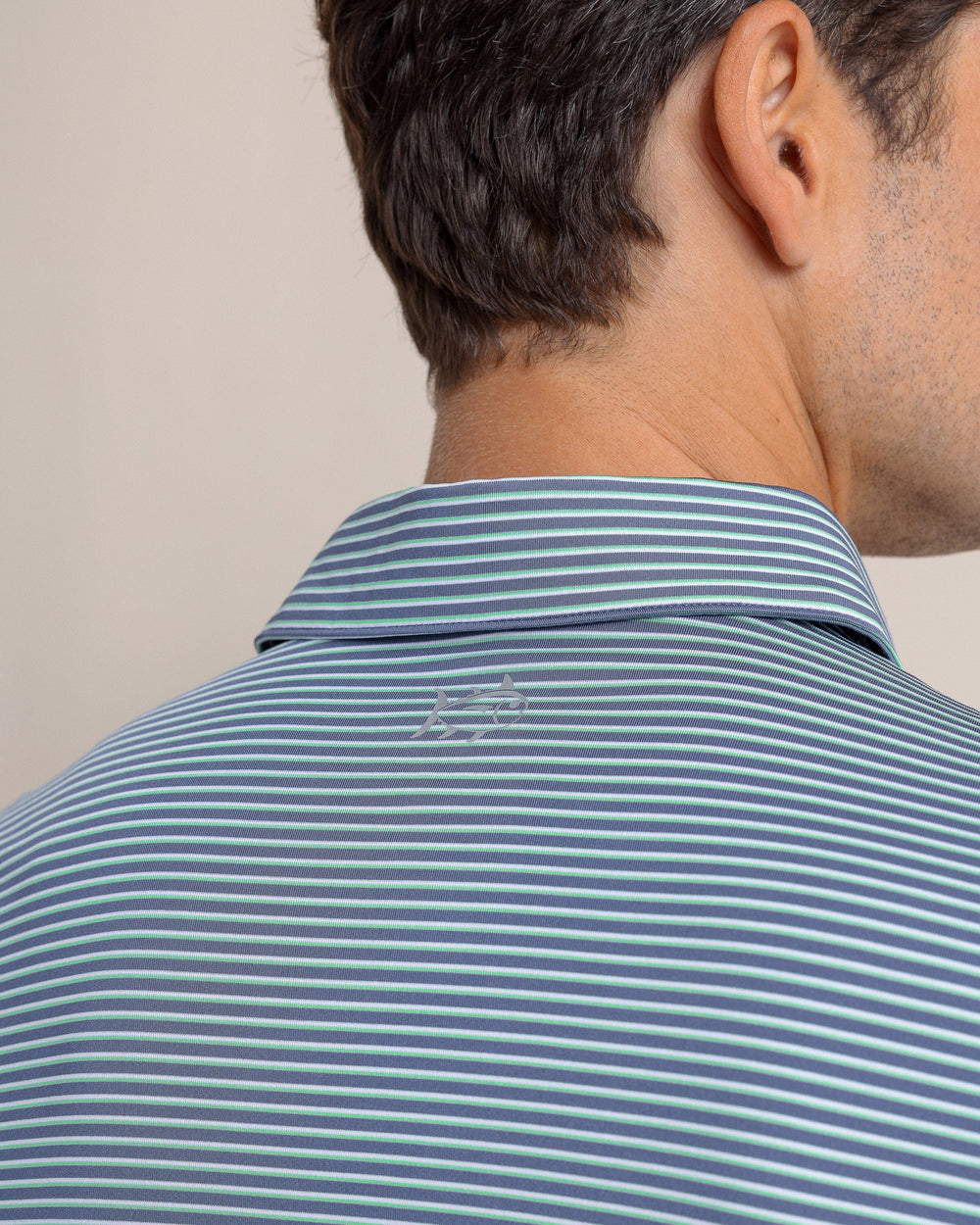 The back detail view of the Southern Tide Driver Sunbury Stripe Polo by Southern Tide - Light Indigo