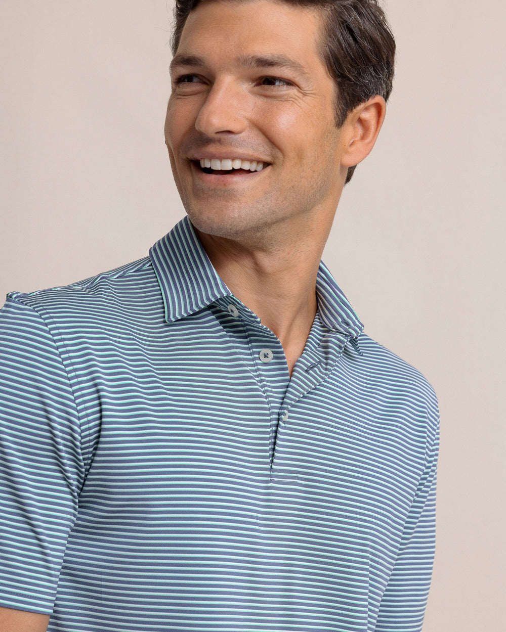 The detail view of the Southern Tide Driver Sunbury Stripe Polo by Southern Tide - Light Indigo