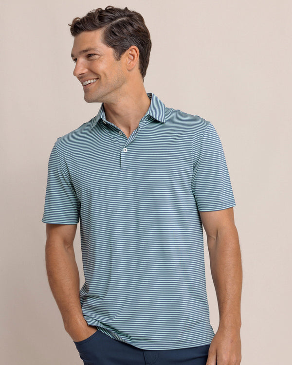 The front view of the Southern Tide Driver Sunbury Stripe Polo by Southern Tide - Light Indigo