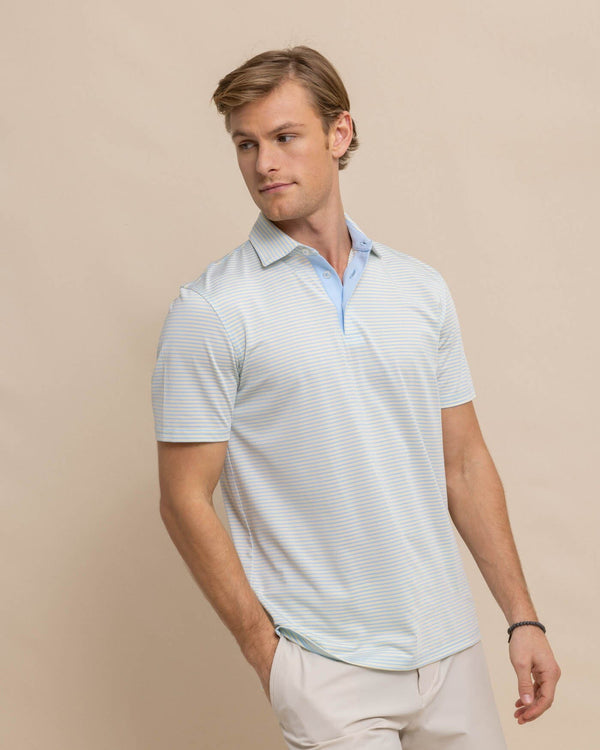 The front view of the Southern Tide Driver Verdae Stripe Polo by Southern Tide - Golden Haze Yellow
