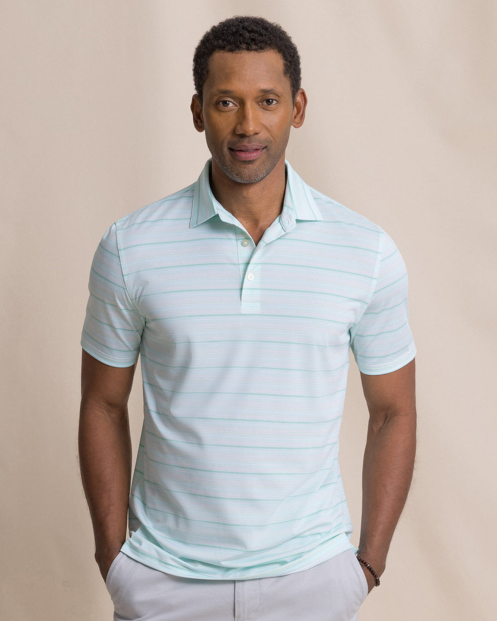 The front view of the Southern Tide Driver Wild Winds Stripe Polo by Southern Tide - Heather Gulf Shores