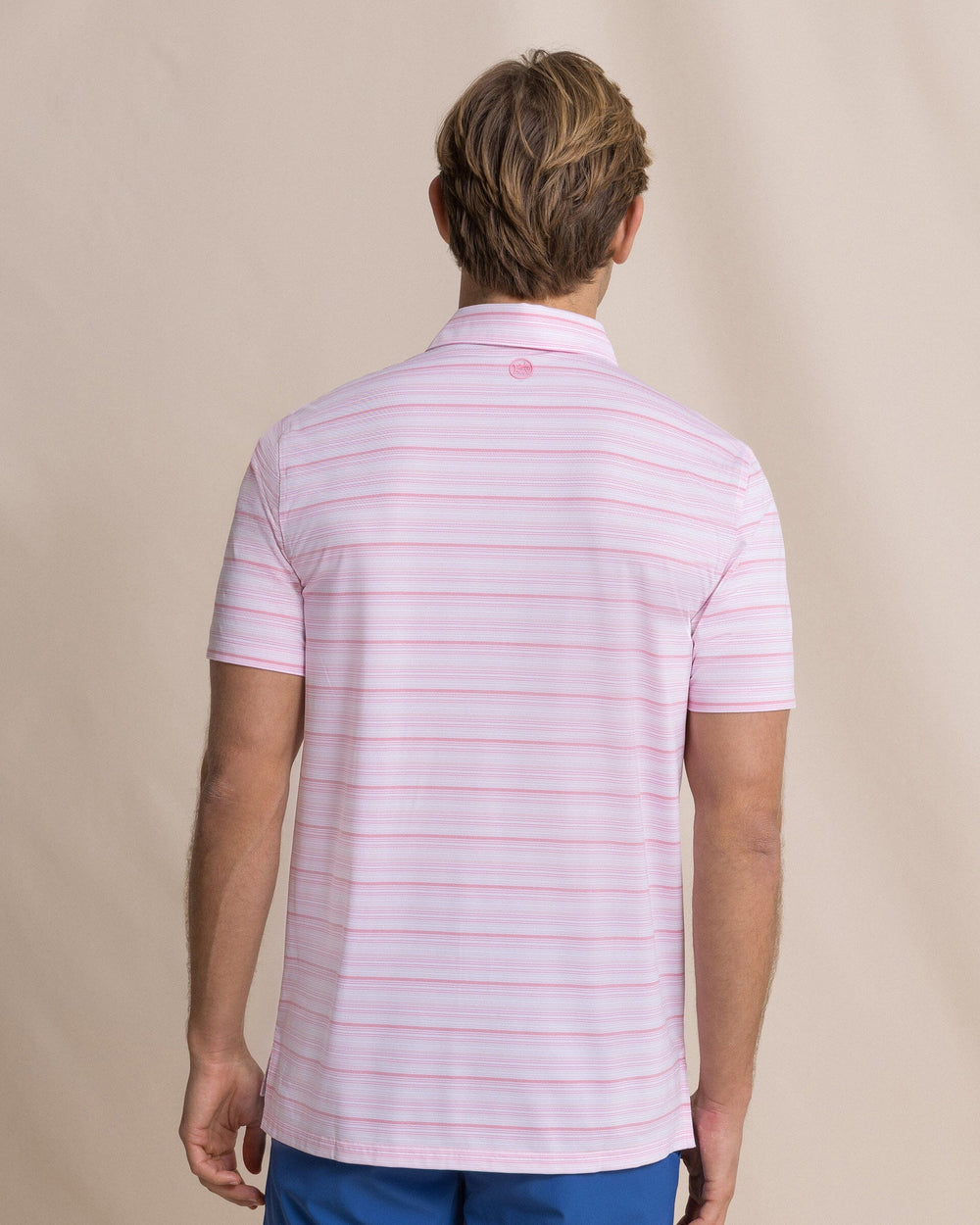 The back view of the Southern Tide Driver Wild Winds Stripe Polo by Southern Tide - Heather Sea Pink