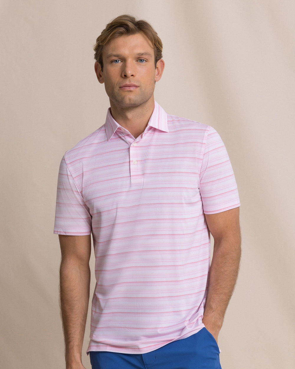 The front view of the Southern Tide Driver Wild Winds Stripe Polo by Southern Tide - Heather Sea Pink