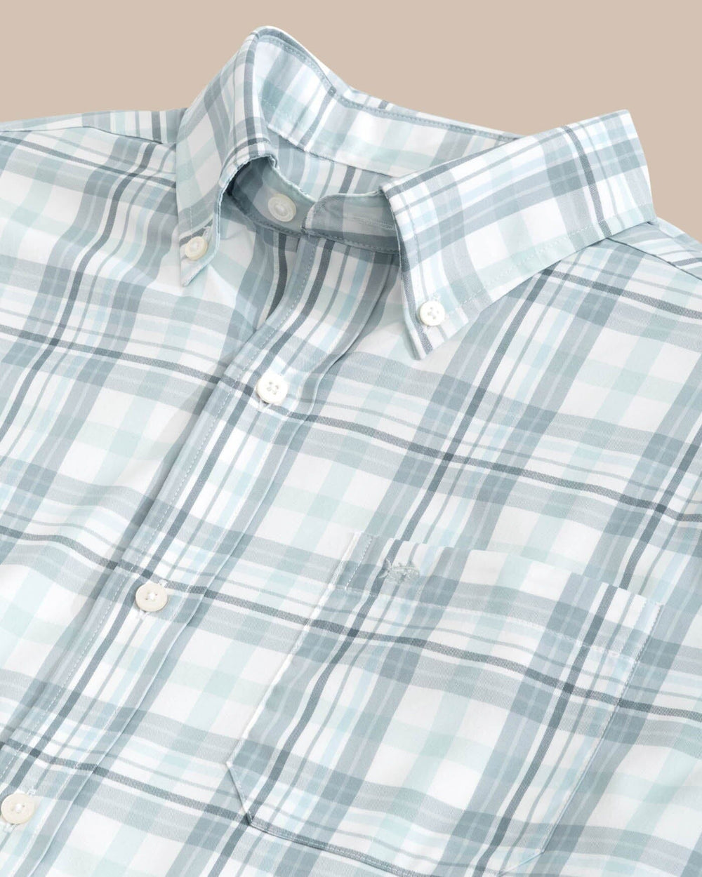 The detail view of the Southern Tide Durwood Plaid Intercoastal Sport Shirts by Southern Tide - Summer Aqua