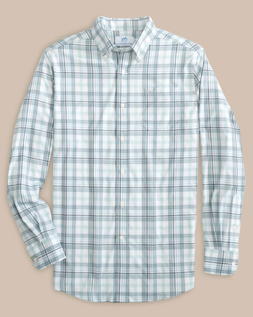 The front view of the Southern Tide Durwood Plaid Intercoastal Sport Shirts by Southern Tide - Summer Aqua