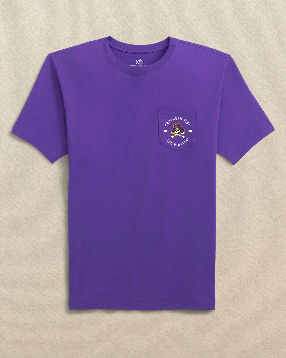 The front view of the Southern Tide East Carolina Pirates Game Bound Short Sleeve T-Shirt by Southern Tide - Regal Purple