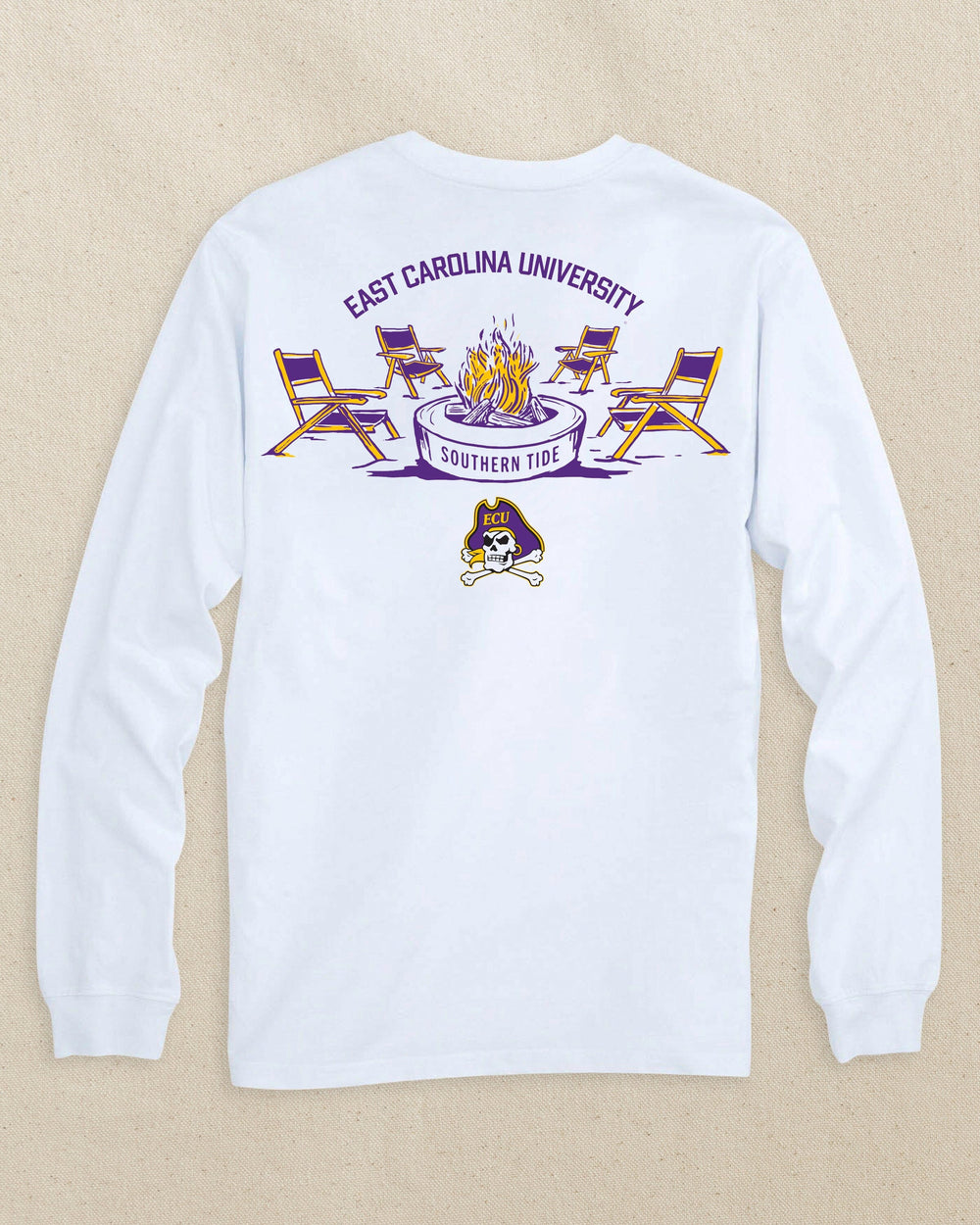 The back view of the Southern Tide East Carolina Pirates Gameday Bonfire Long Sleeve T-Shirt by Southern Tide - Classic White
