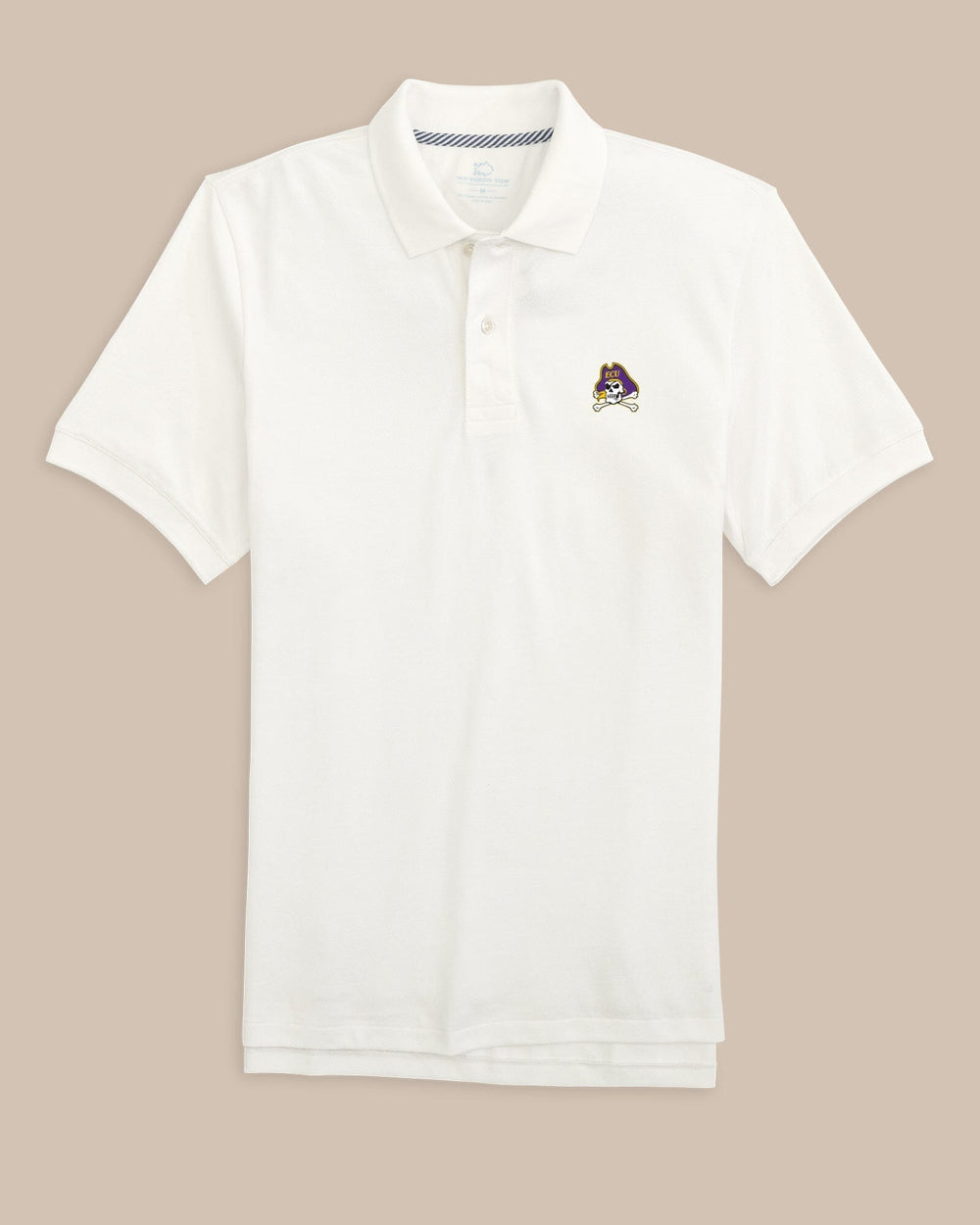 The front view of the East Carolina Pirates Skipjack Polo by Southern Tide - Classic White