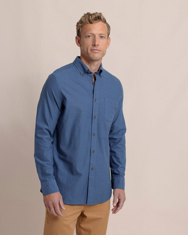 The front view of the Southern Tide East Coast Oxford Long Sleeve Sport Shirt by Southern Tide - Dress Blue