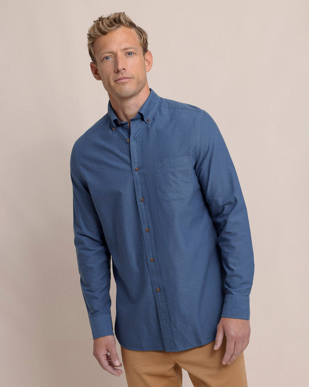 The front view of the Southern Tide East Coast Oxford Long Sleeve Sport Shirt by Southern Tide - Dress Blue