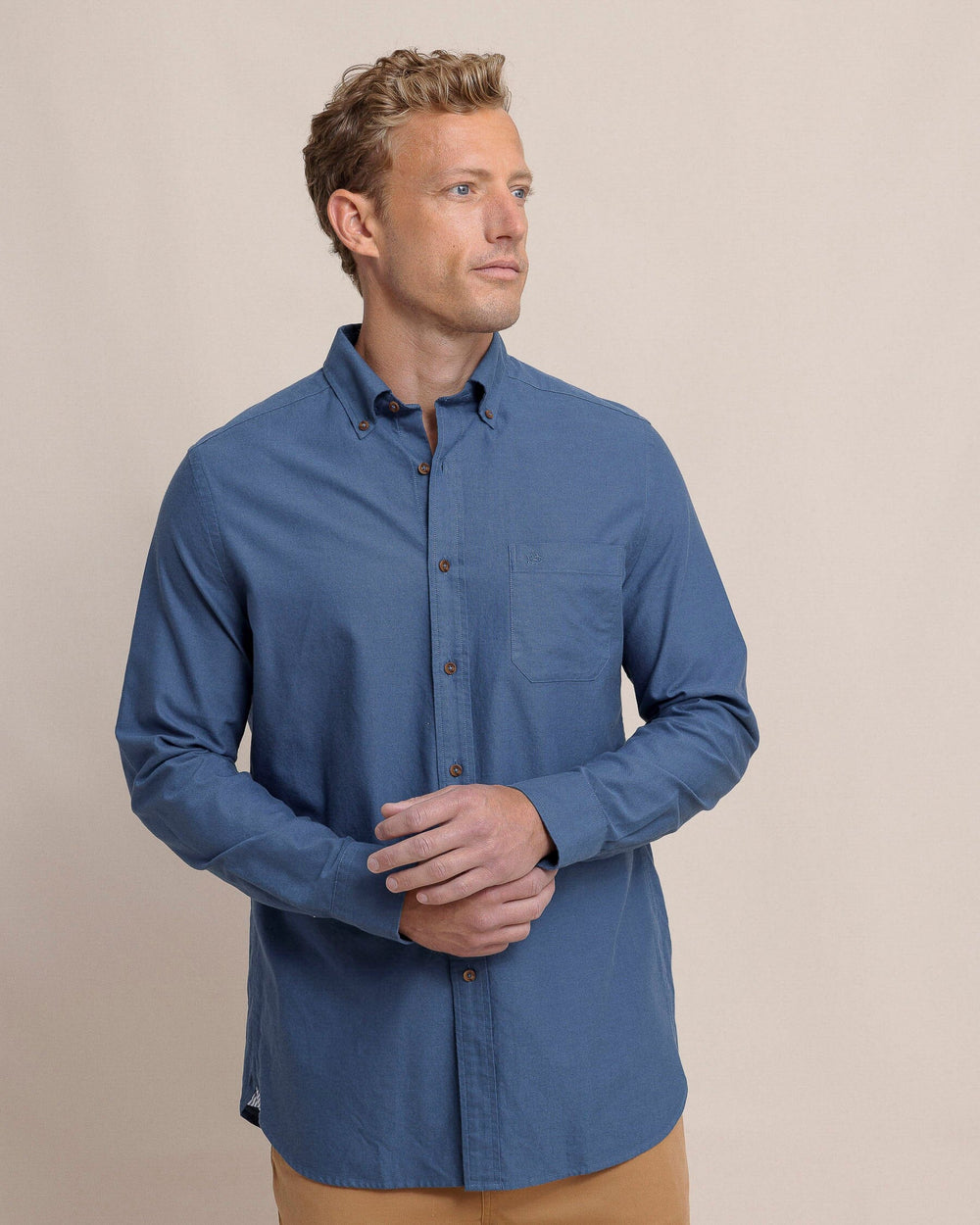 The front view of the Southern Tide East Coast Oxford Long Sleeve Sport Shirt by Southern Tide - Dress Blue