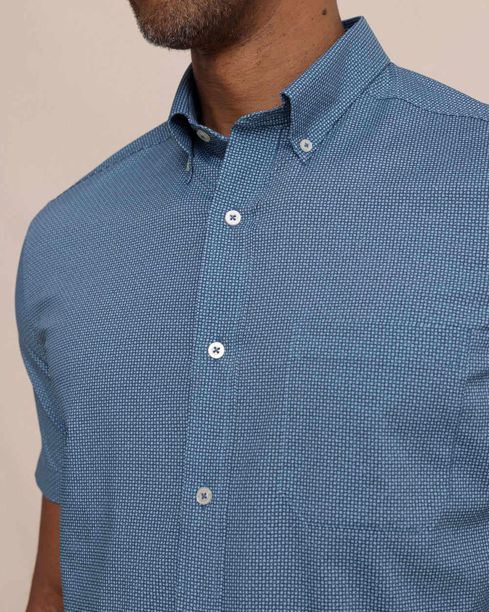 The detail view of the Southern Tide Eastport Heather brrr°® Intercoastal Short Sleeve Sport Shirt by Southern Tide - Dress Blue