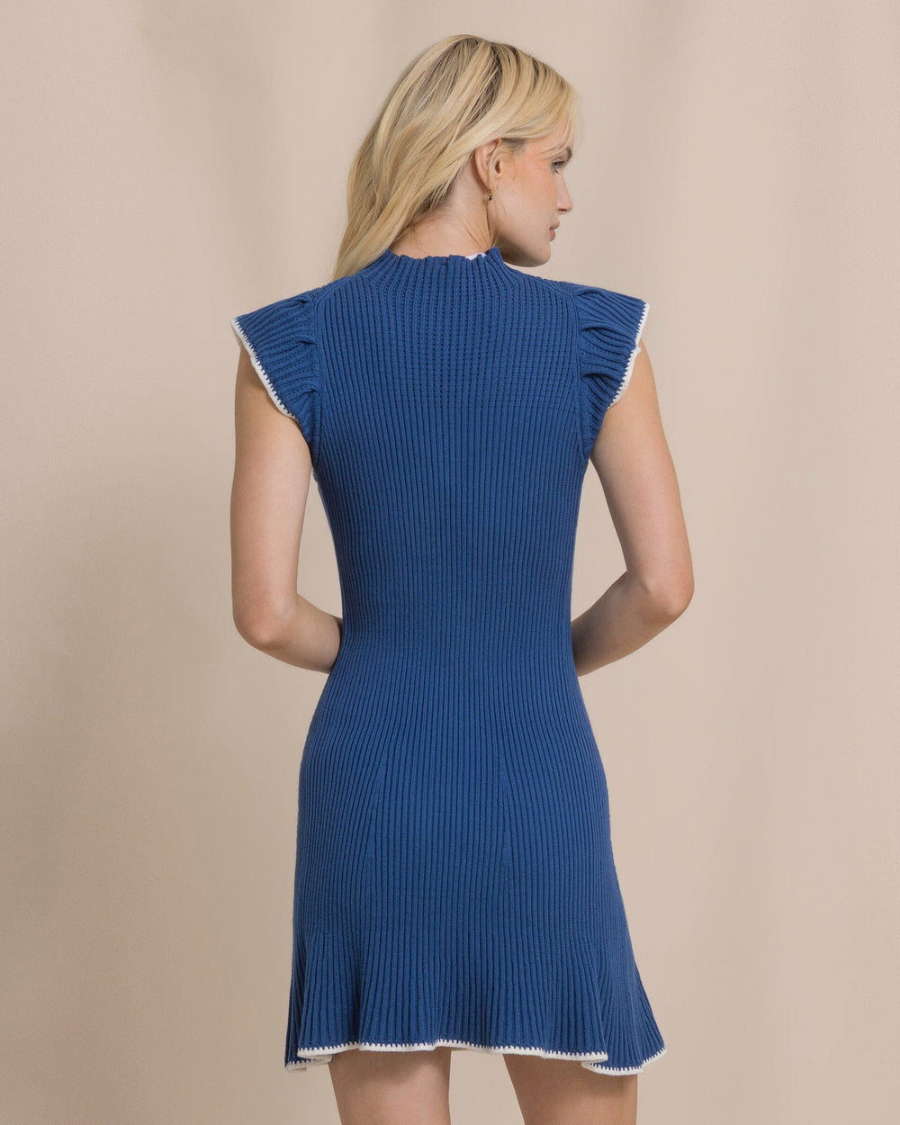 The back view of the Southern Tide Ella Rose Ruffle Sleeve Mini Dress by Southern Tide - Nautical Blue