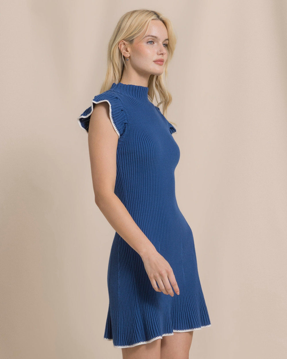 The side view of the Southern Tide Ella Rose Ruffle Sleeve Mini Dress by Southern Tide - Nautical Blue
