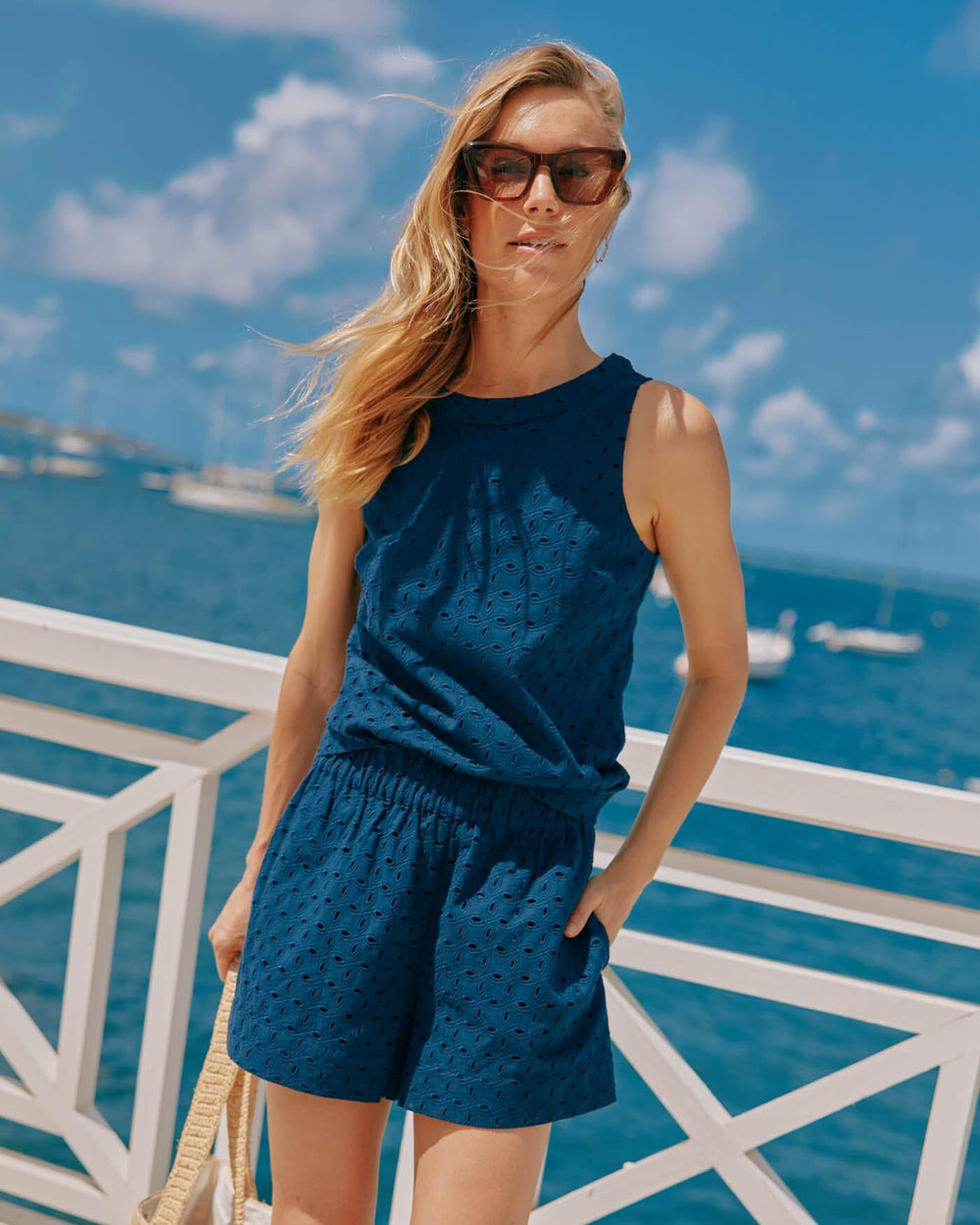 The front view of the Southern Tide Elyse Eyelet Short by Southern Tide - Dress Blue
