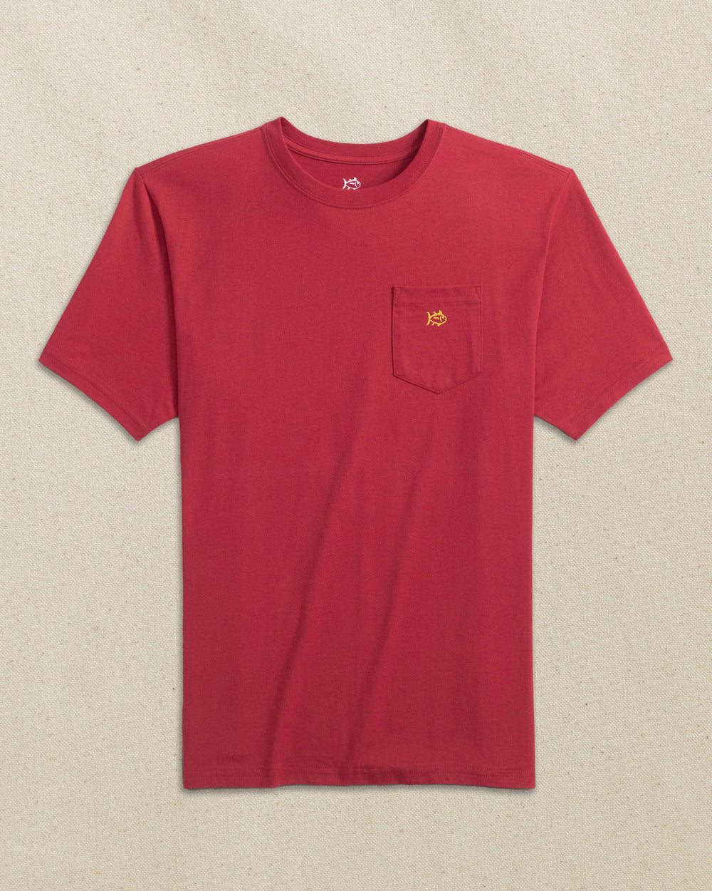 The front view of the Southern Tide Embroidered Skipjack Short Sleeve T-Shirt by Southern Tide - Crimson and Gold