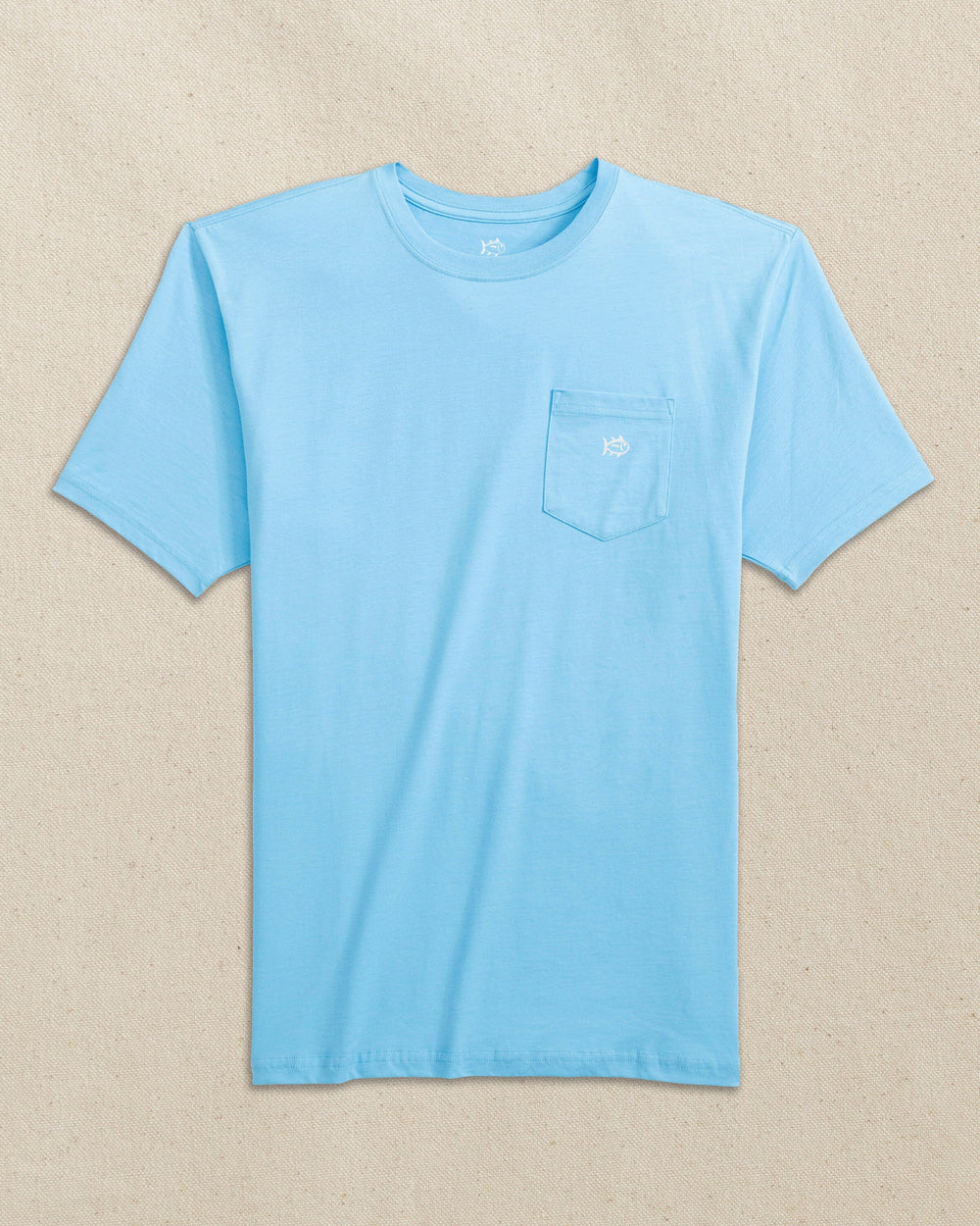 The front view of the Southern Tide Embroidered Skipjack Short Sleeve T-Shirt by Southern Tide - Light Blue and White