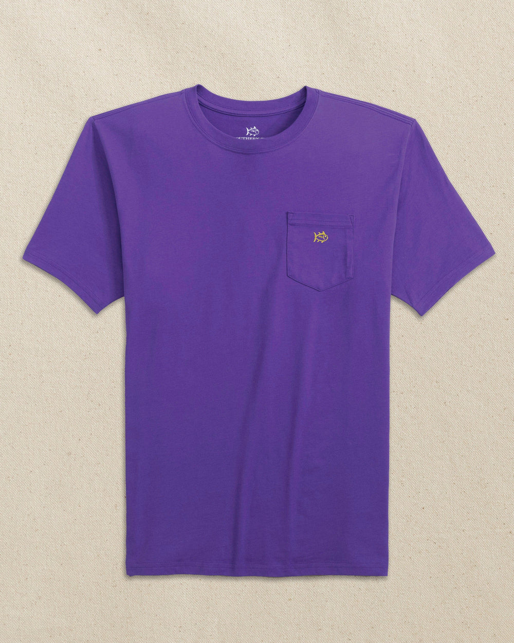 The front view of the Southern Tide Embroidered Skipjack Short Sleeve T-Shirt by Southern Tide - Purple and Yellow