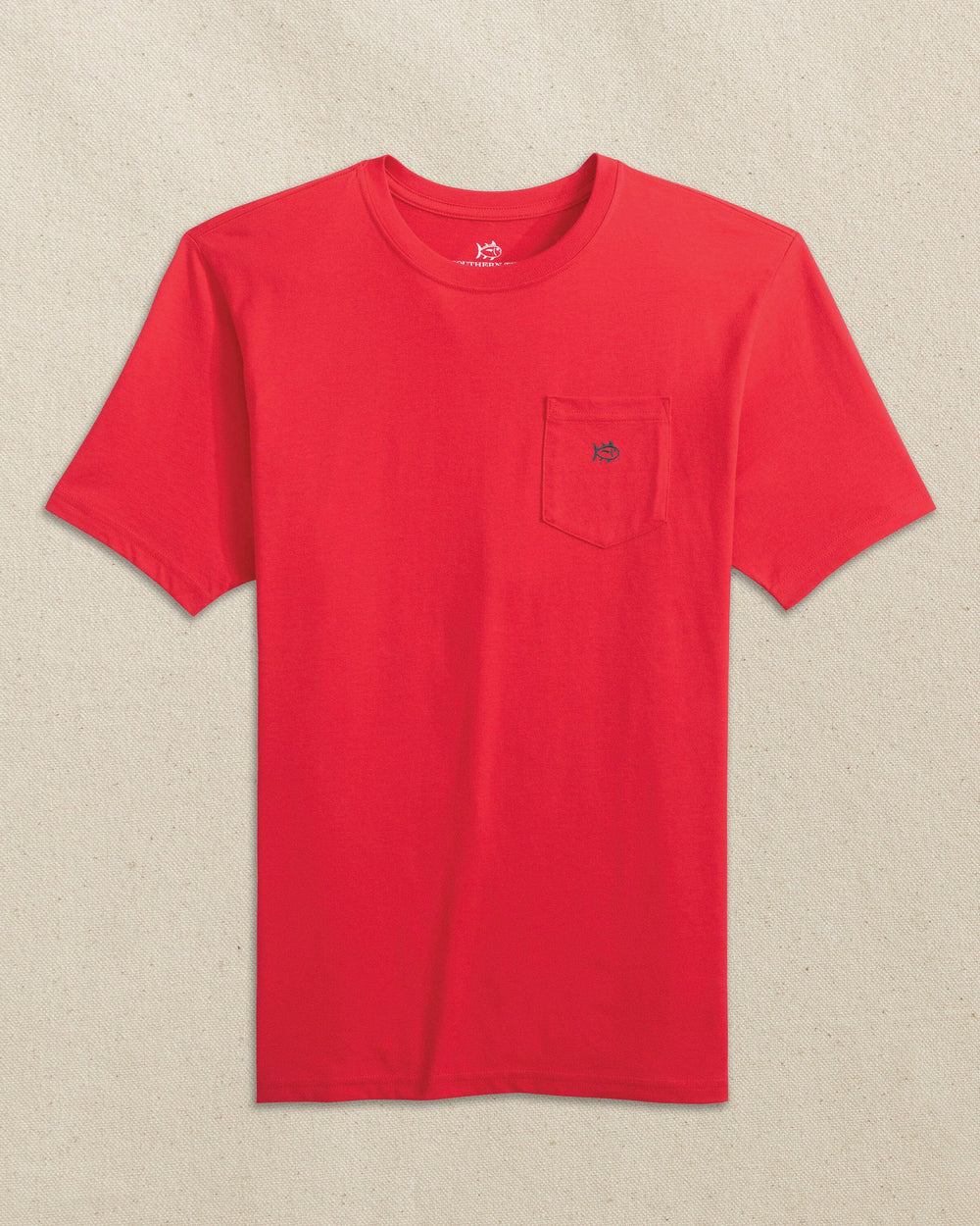 The front view of the Southern Tide Embroidered Skipjack Short Sleeve T-Shirt by Southern Tide - Red and Black