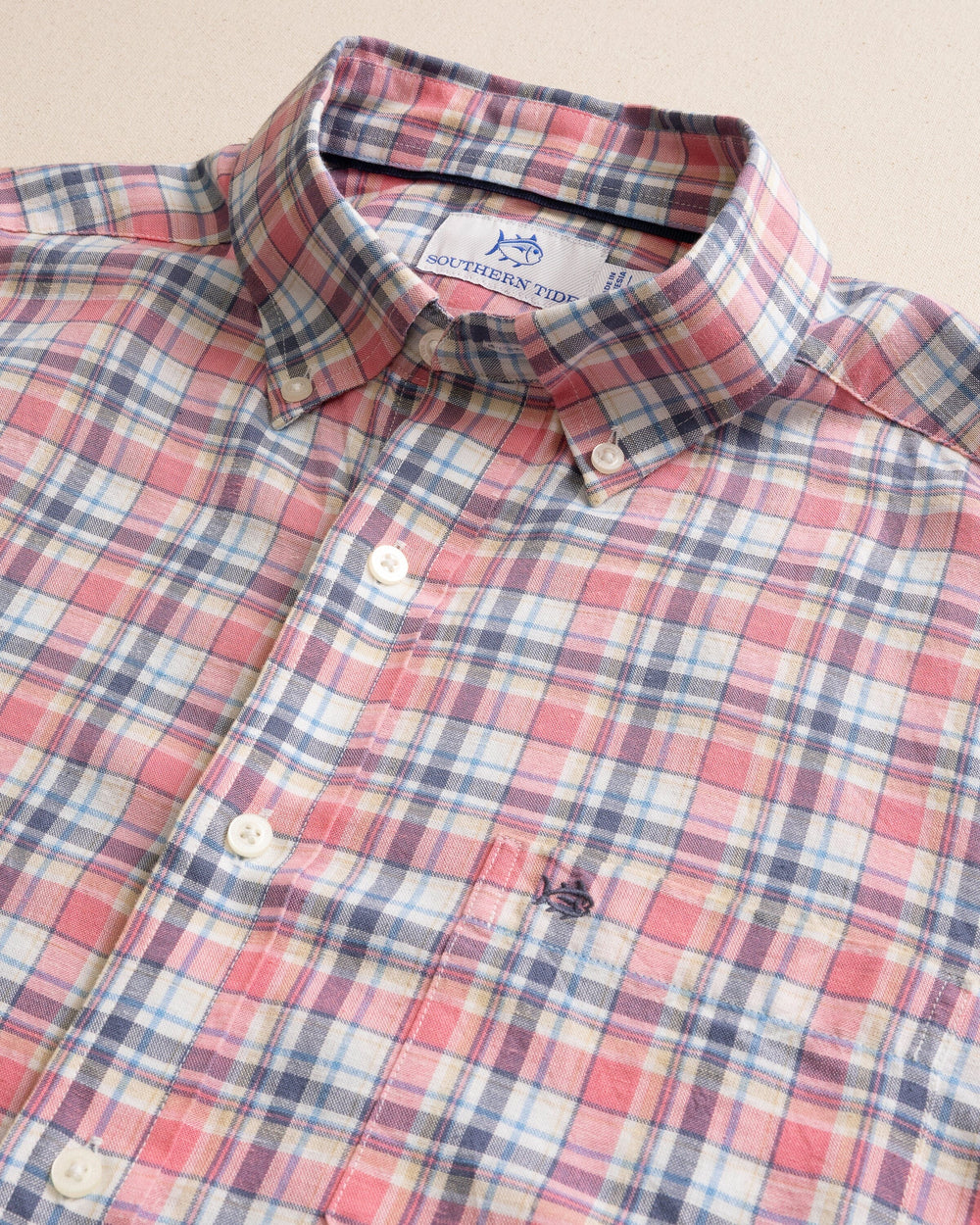 The detail view of the Southern Tide Emerald Shores Plaid Headland Long Sleeve Sport Shirt by Southern Tide - Bubblegum