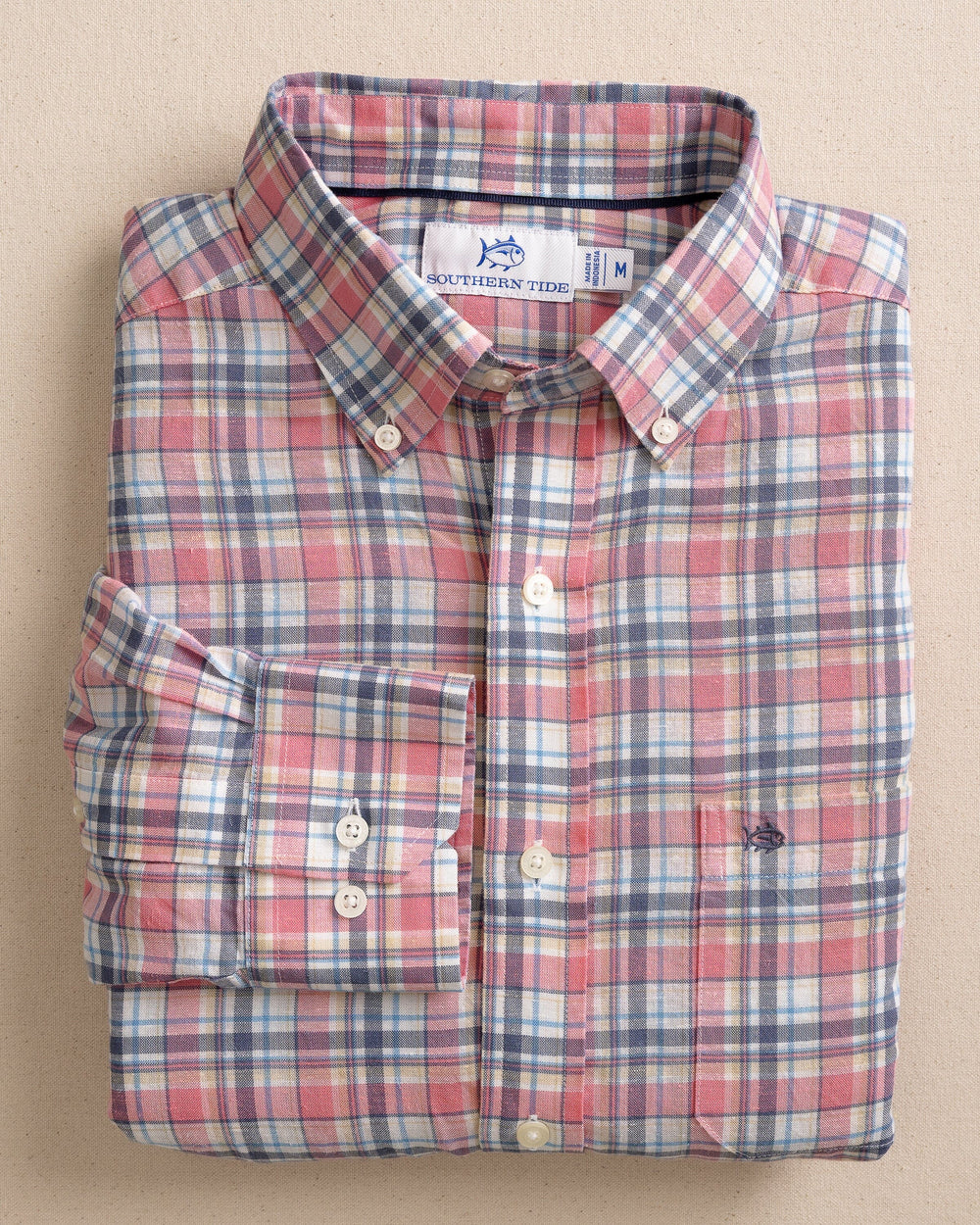 The front view of the Southern Tide Emerald Shores Plaid Headland Long Sleeve Sport Shirt by Southern Tide - Bubblegum