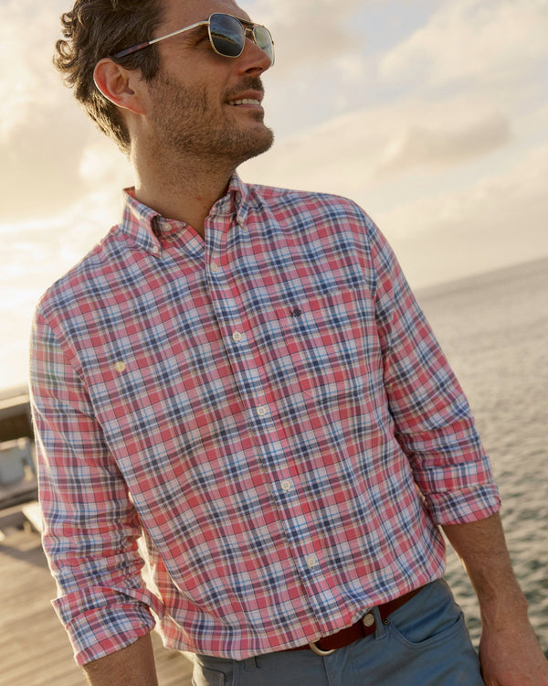 The lifestyle view of the Southern Tide Emerald Shores Plaid Headland Long Sleeve Sport Shirt by Southern Tide - Bubblegum