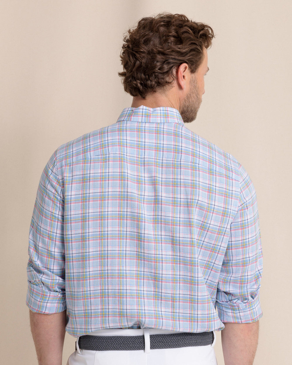 The back view of the Southern Tide Emerald Shores Plaid Headland Long Sleeve Sport Shirt by Southern Tide - Cerulean