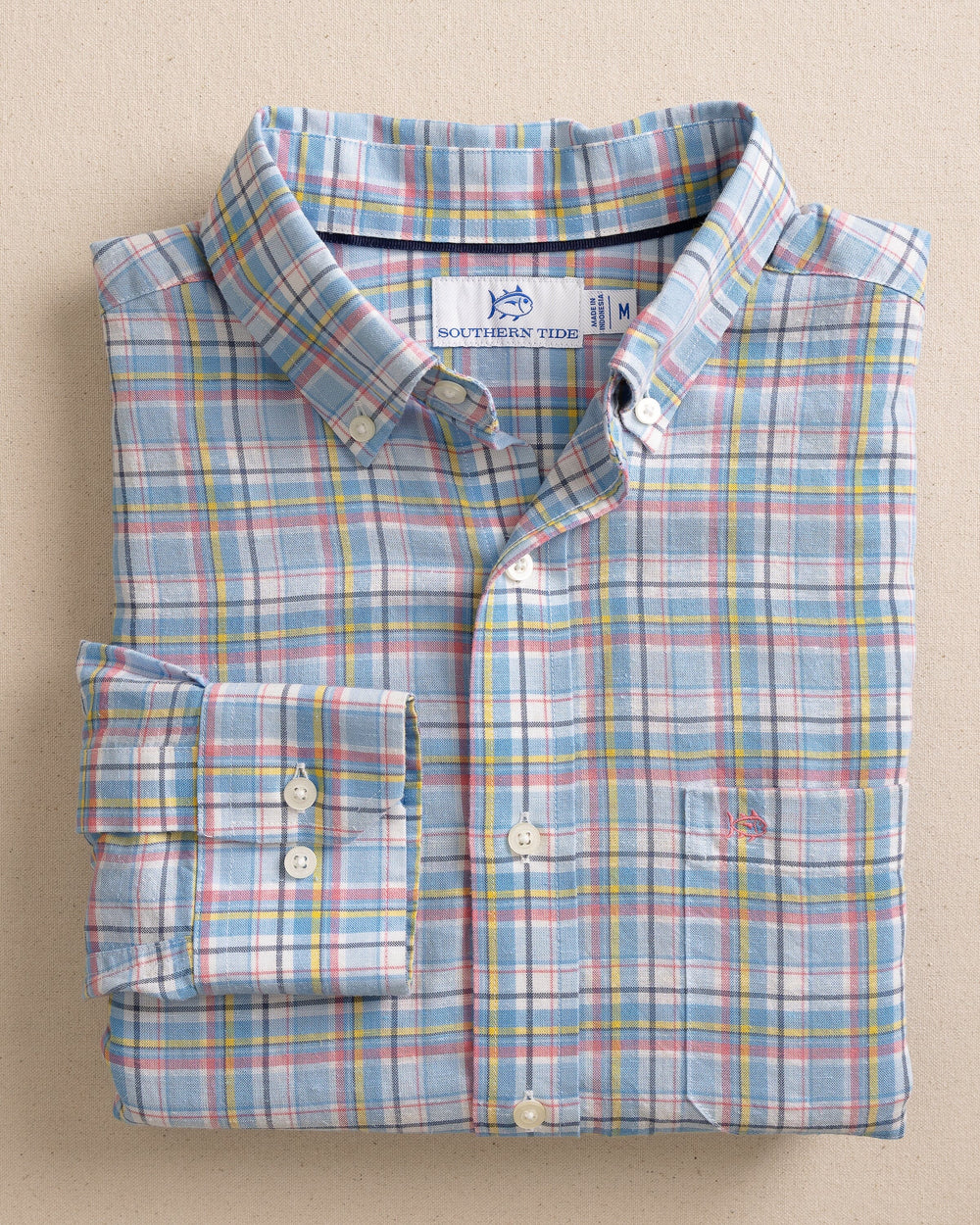 The front view of the Southern Tide Emerald Shores Plaid Headland Long Sleeve Sport Shirt by Southern Tide - Cerulean