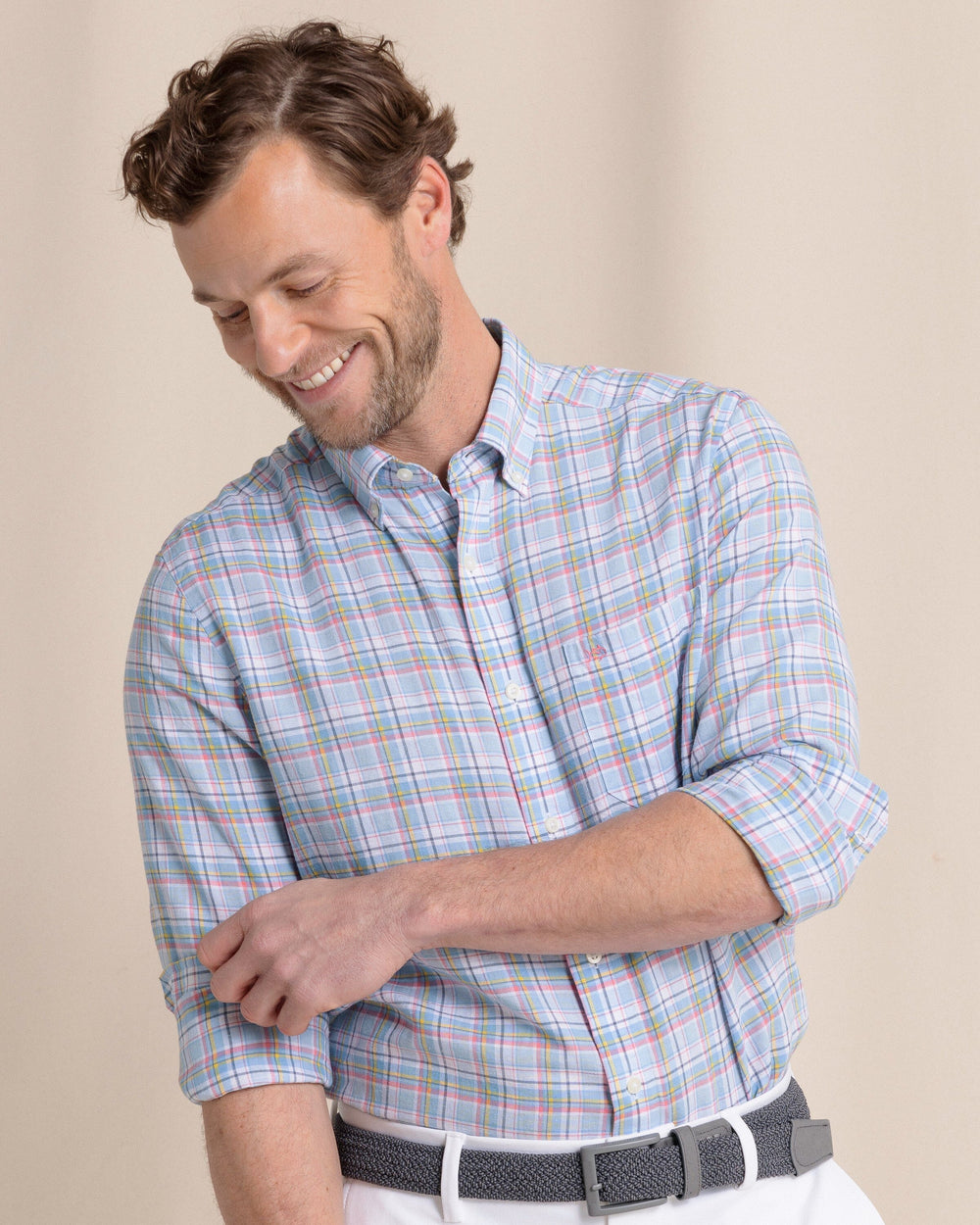 The front view of the Southern Tide Emerald Shores Plaid Headland Long Sleeve Sport Shirt by Southern Tide - Cerulean