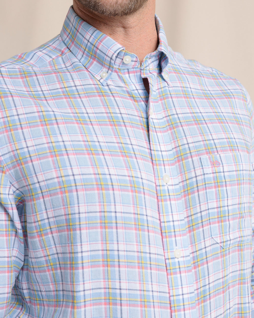 The front detail view of the Southern Tide Emerald Shores Plaid Headland Long Sleeve Sport Shirt by Southern Tide - Cerulean