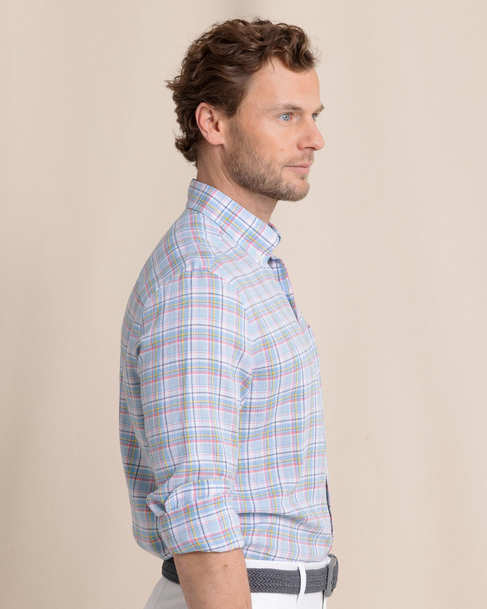 The side view of the Southern Tide Emerald Shores Plaid Headland Long Sleeve Sport Shirt by Southern Tide - Cerulean