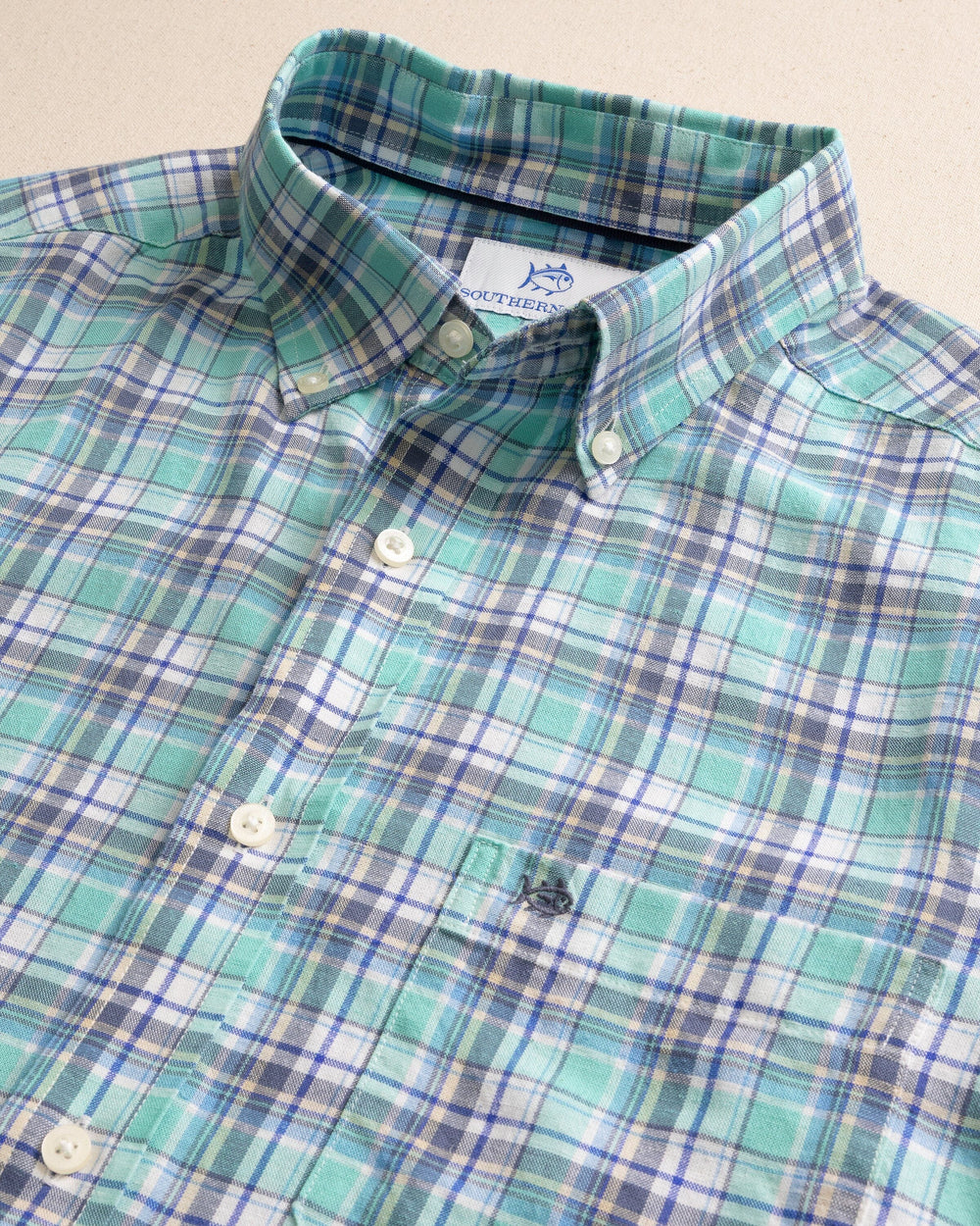 The detail view of the Southern Tide Emerald Shores Plaid Headland Long Sleeve Sport Shirt by Southern Tide - Mint