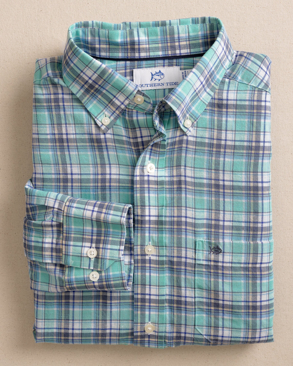 The front view of the Southern Tide Emerald Shores Plaid Headland Long Sleeve Sport Shirt by Southern Tide - Mint