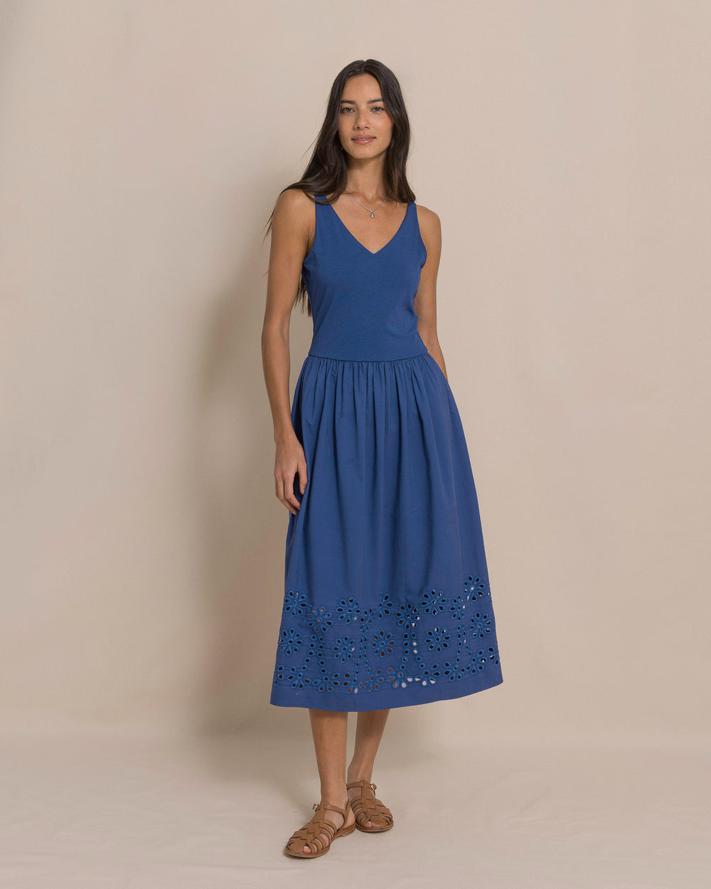 The front view of the Southern Tide Emilee Embroidered Solid Midi Dress by Southern Tide - Nautical Blue