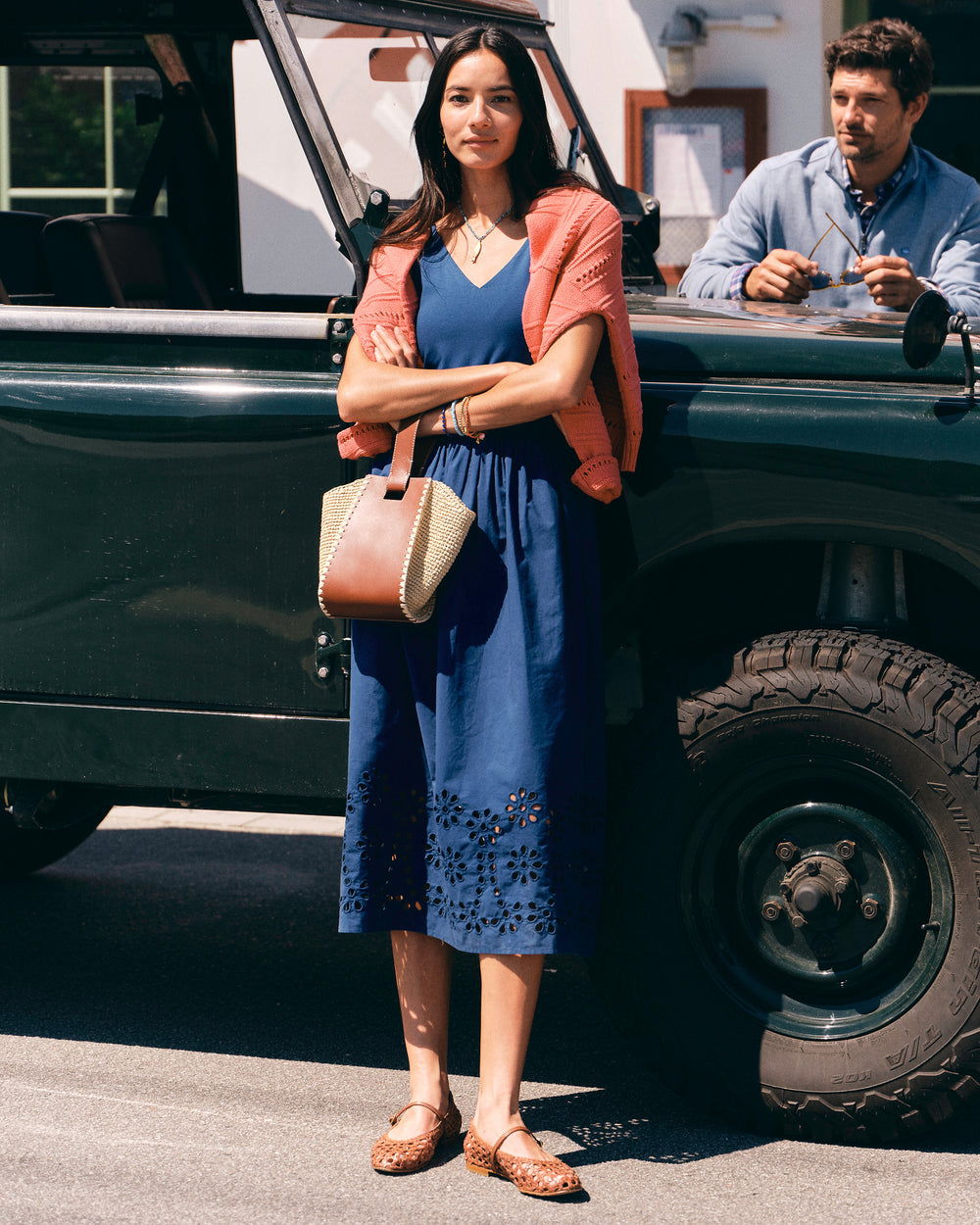The lifestyle view of the Southern Tide Emilee Embroidered Solid Midi Dress by Southern Tide - Nautical Blue