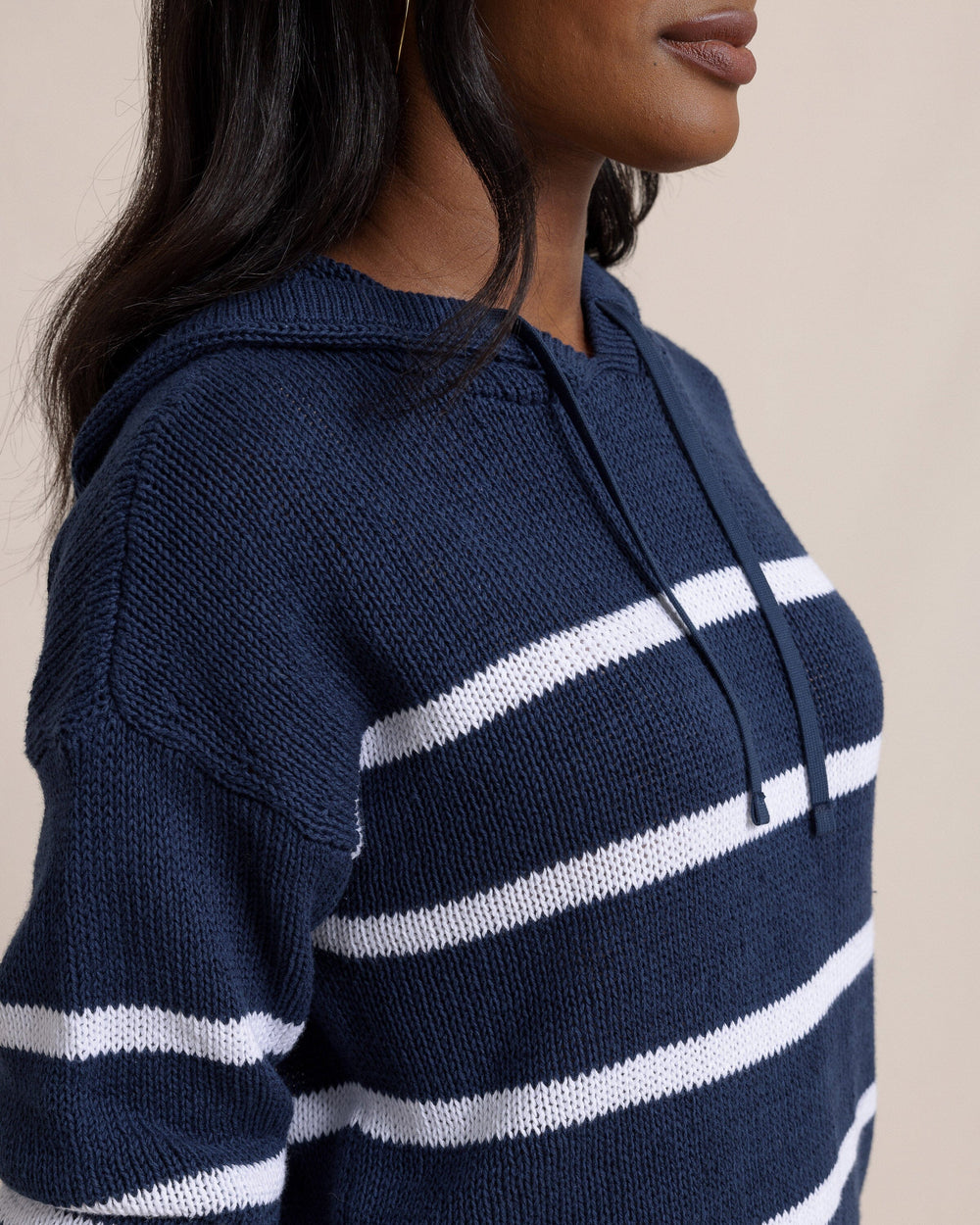 The detail view of the Southern Tide Everlee Striped Hoodie Sweater by Southern Tide - Dress Blue