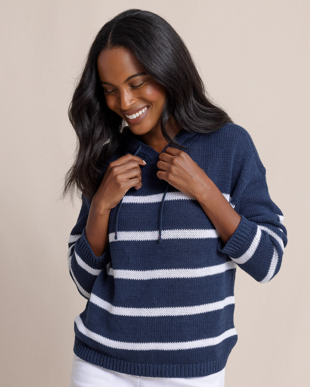 The front side view of the Southern Tide Everlee Striped Hoodie Sweater by Southern Tide - Dress Blue