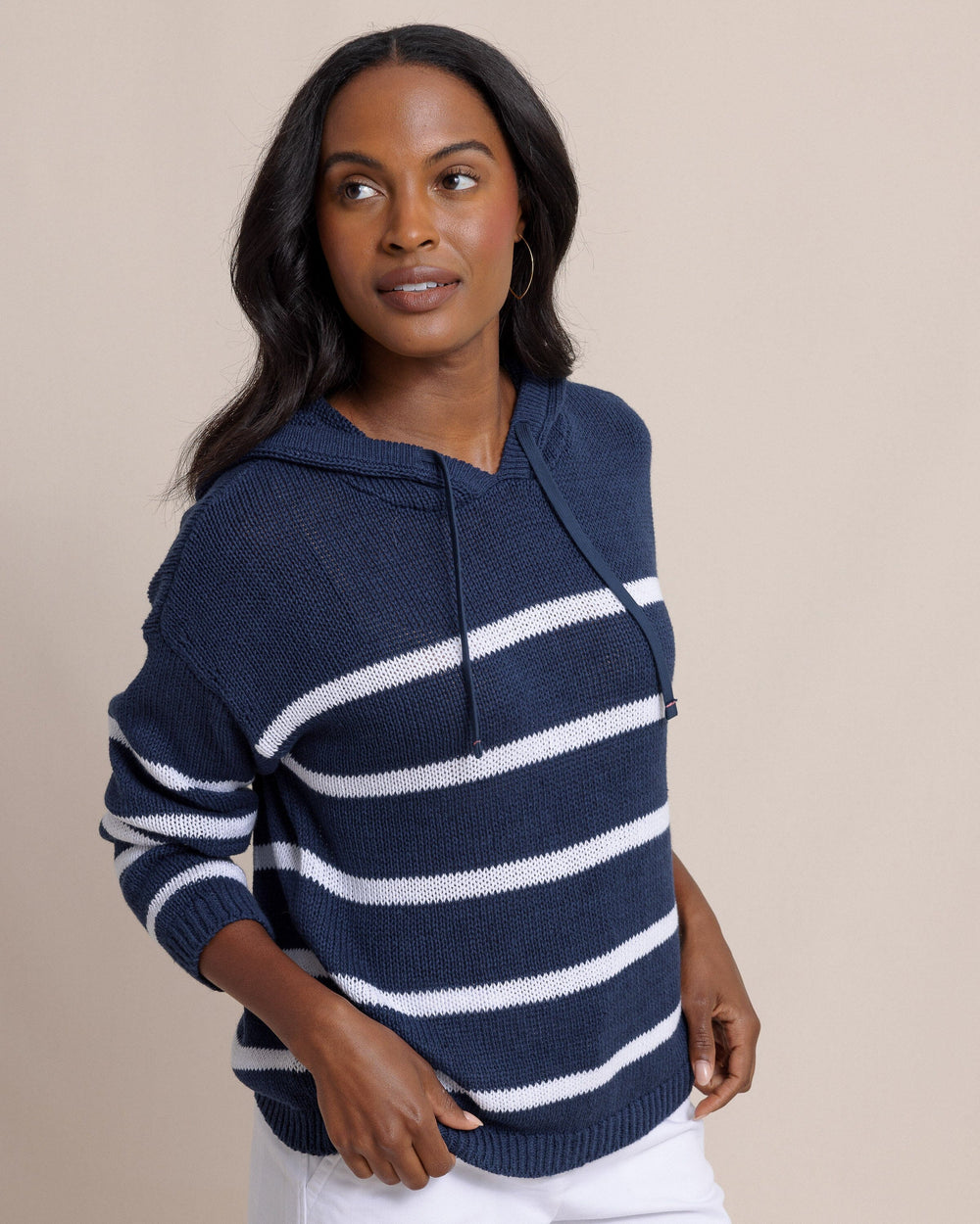 The side view of the Southern Tide Everlee Striped Hoodie Sweater by Southern Tide - Dress Blue