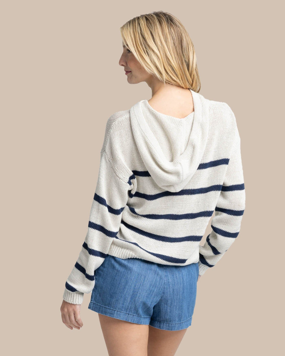 The back view of the Southern Tide Everlee Striped Hoodie Sweater by Southern Tide - Stone