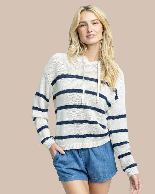 The front view of the Southern Tide Everlee Striped Hoodie Sweater by Southern Tide - Stone